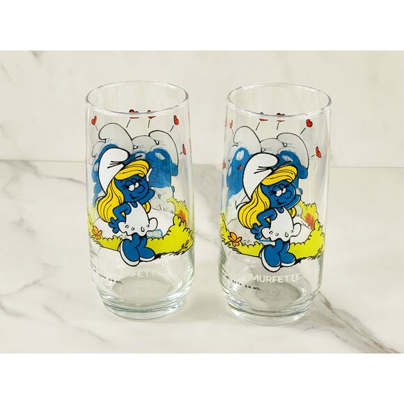 Smurf Smurfette Drinking Clear Glasses 14oz by Peyo 1982 6" x2 Vintage - Picture 5 of 15